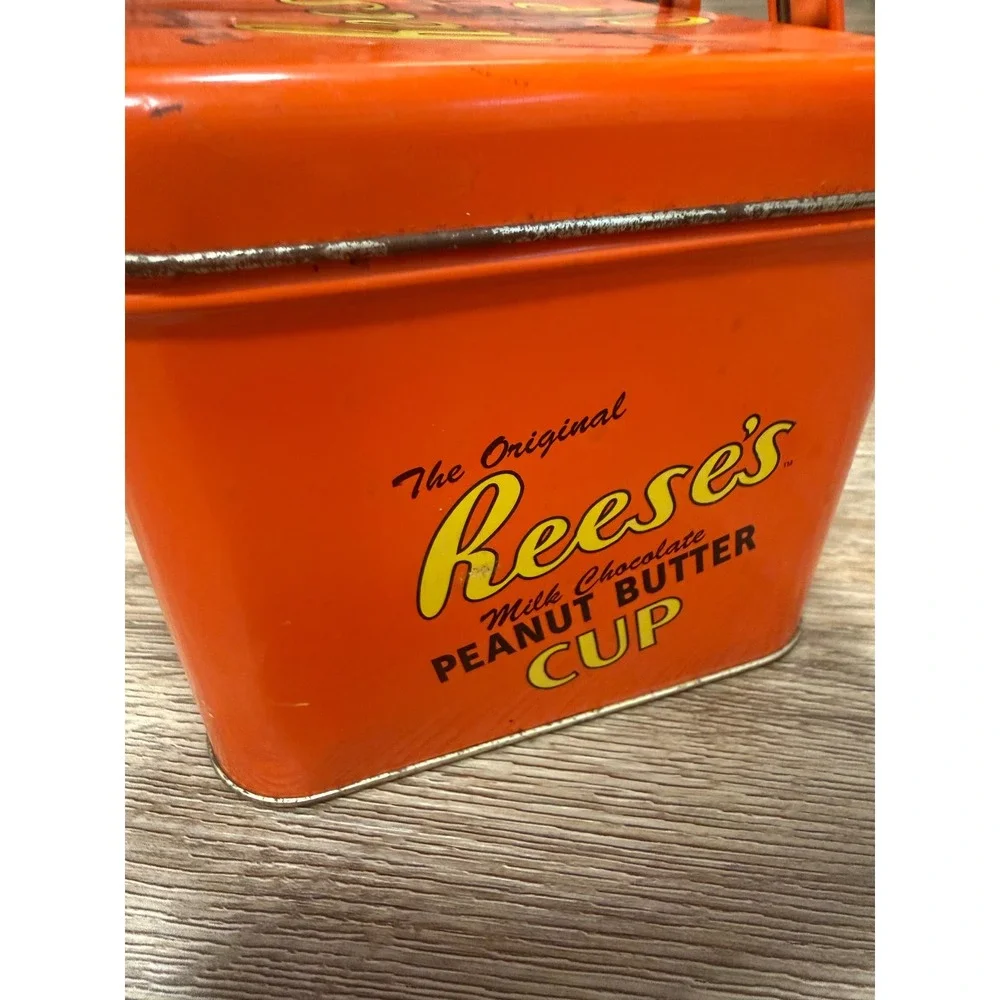 Reeses Peanut Butter Cup Collectible Metal Tin Storage Box Orange Vintage